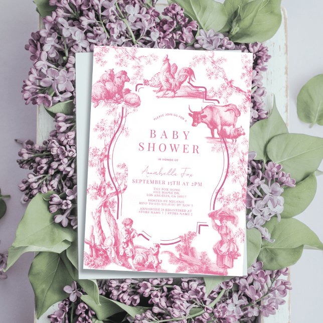 Invitation Pink French Country Farm Animal Girl Baby shower (Créateur téléchargé)