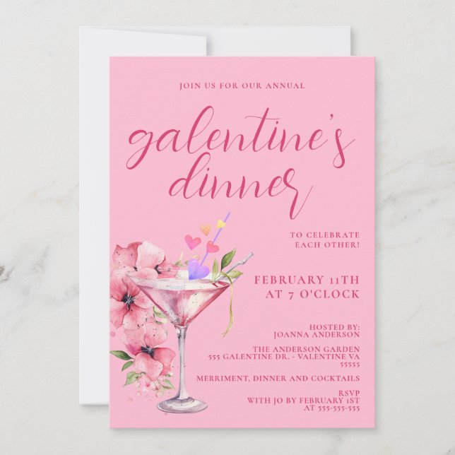 Invitation Pink Galentines Filles Dîner De Nuit Cocktail Fête (Devant)