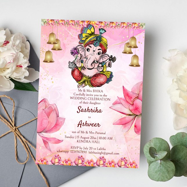 Invitation Pink Ganesha lotus mariage indien modèle (Cute Ganesha pink lotus Indian wedding template invitation instant download)
