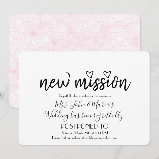 Invitation Pink Geo Marble Nouvelle Mission Mariage Date Chan (Devant / Derrière)