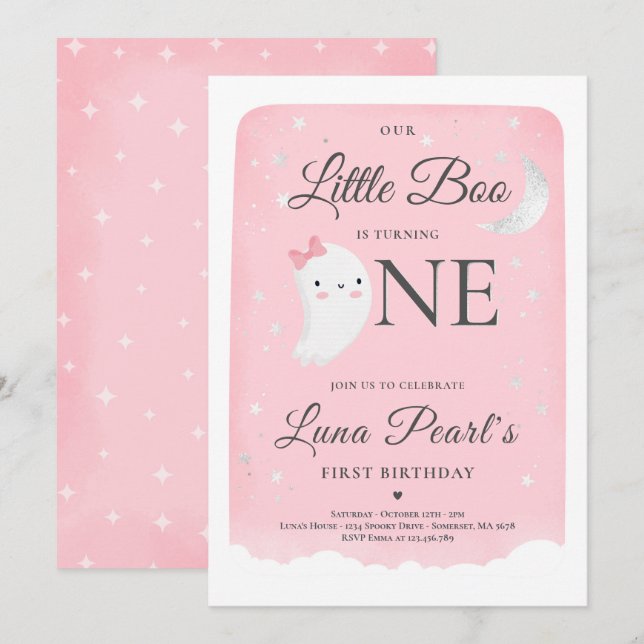 Invitation Pink Ghost Little Boo Anniversaire Fête Halloween (Devant / Derrière)
