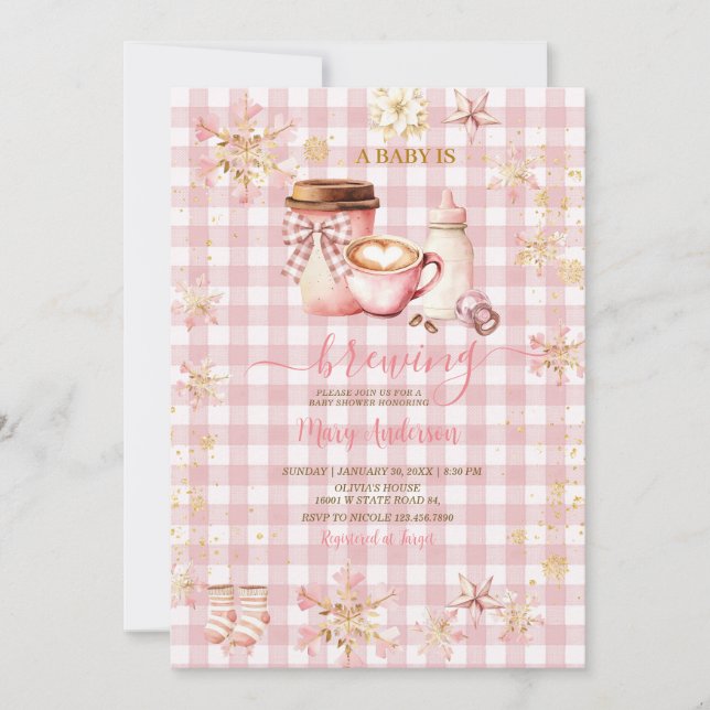 Invitation Pink Gingham Baby Is Brewing Winter Baby Shower (Devant)