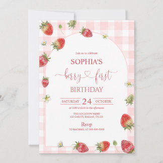 Invitation Pink Gingham Berry First Birthday 1st Birthday