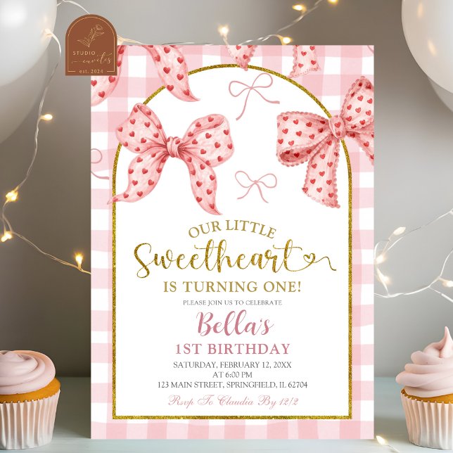 Invitation Pink Gingham Bow Sweetheart Birthday  (Créateur téléchargé)
