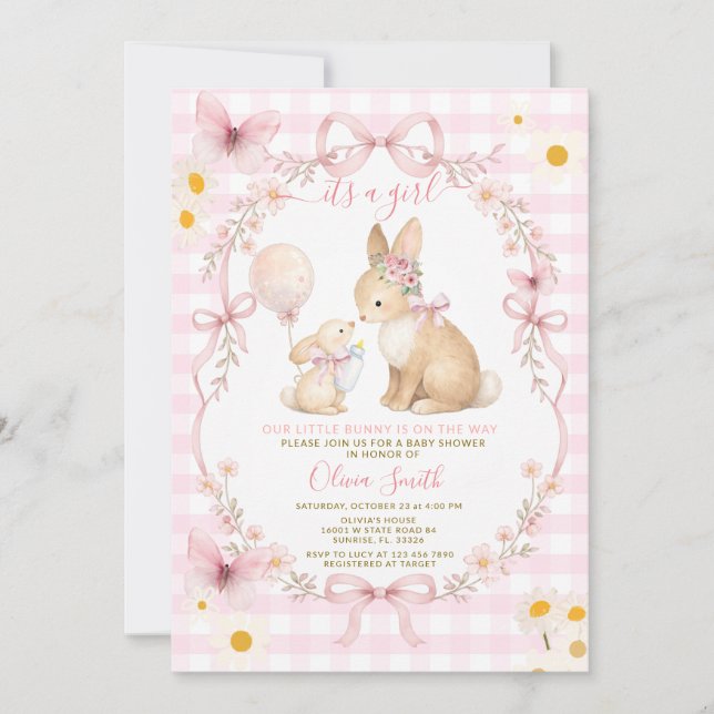 Invitation Pink Gingham Bunny Baby Shower Butterfly Daisy (Devant)