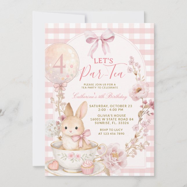 Invitation Pink Gingham Bunny Tea Party Girl Birthday  (Devant)