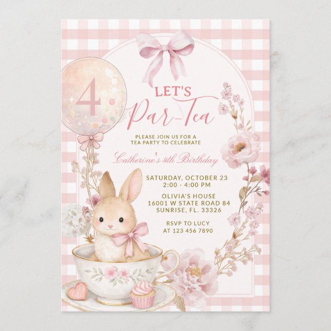 Invitation Pink Gingham Bunny Tea Party Girl Birthday  (Devant)