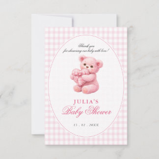 Invitation Pink Gingham Teddy Bear Neutral Baby Shower