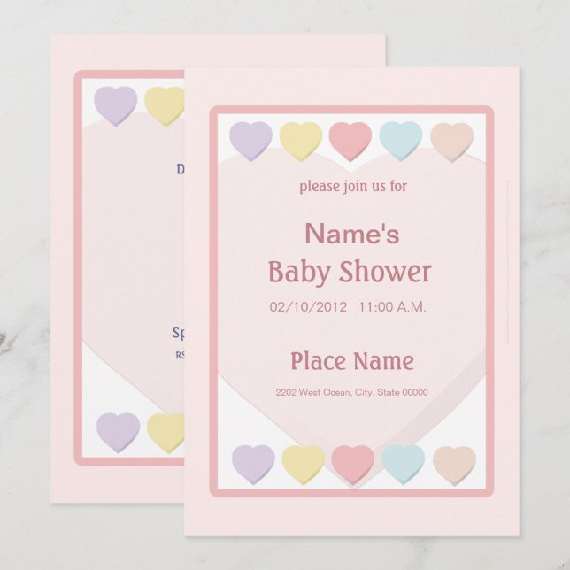 Invitation Pink Girl Baby shower Pastel Hearts (Devant / Derrière)