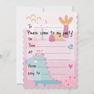 Invitation Pink Girl Dino Birthday Party Fill--In Scalloped