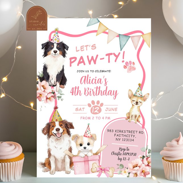 Invitation Pink Girl Dog let's Pawty Birthday (Créateur téléchargé)
