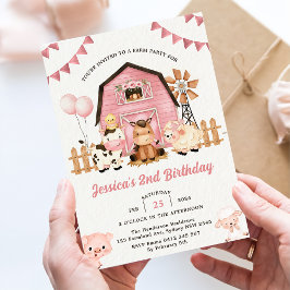 Invitation Pink Girl Farm Animaux 2e fête d'anniversaire