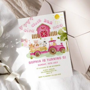 Invitation Pink girl Farm animaux 5e anniversaire fête