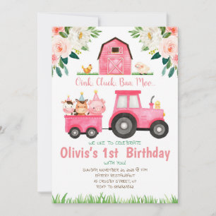 Invitation Pink girl Farm animaux fête d'anniversaire