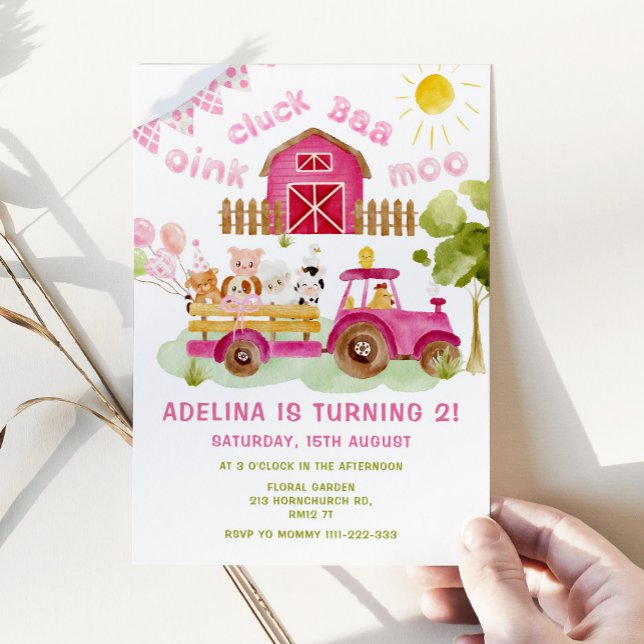 Invitation Pink girl Farm animaux fête de 2e anniversaire (Créateur téléchargé)