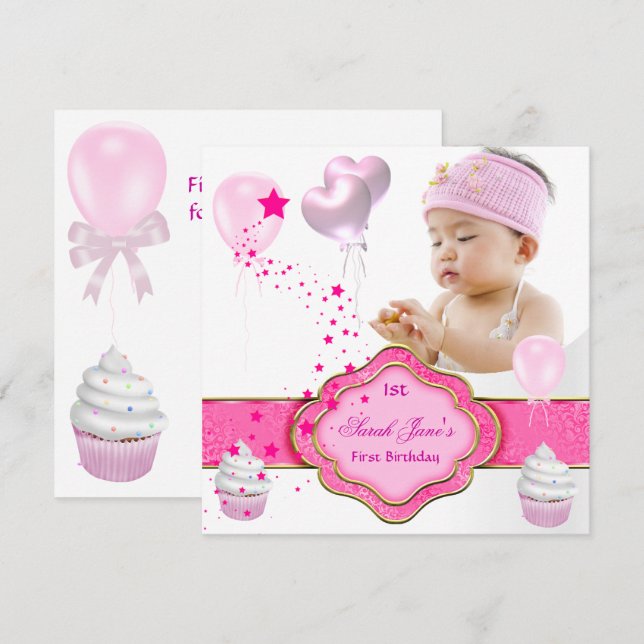 Invitation Pink Girl Photo Premier Anniversaire (Devant / Derrière)
