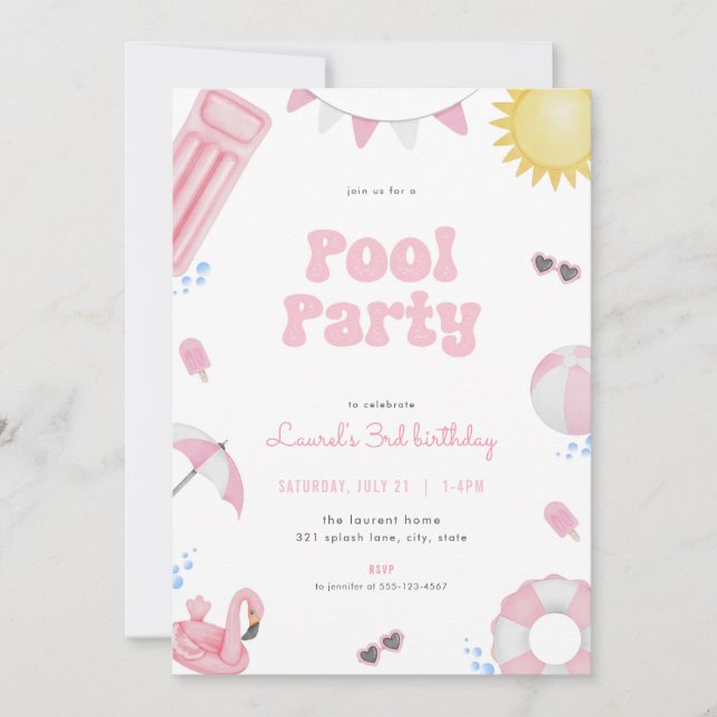 Invitation Pink Girl Summer Pool Party Anniversaire (Devant)