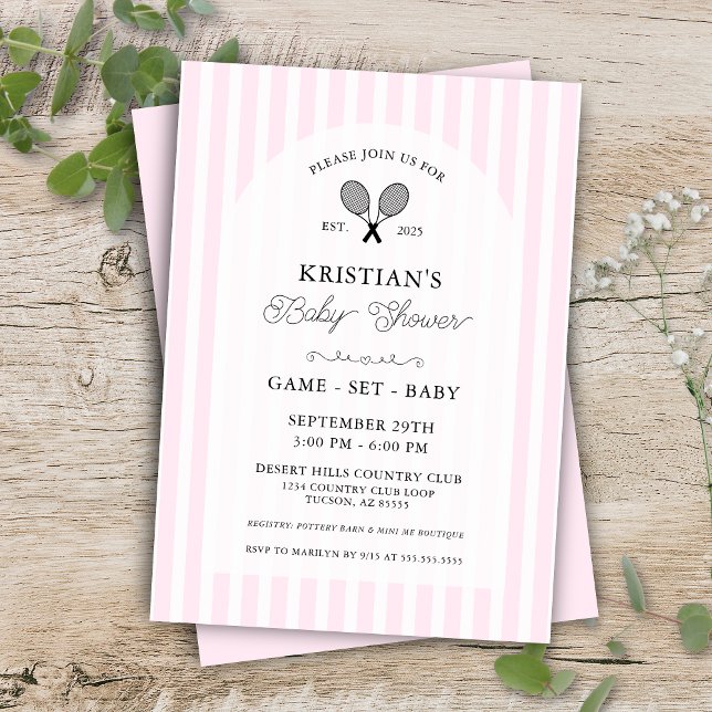 Invitation Pink Girl Tennis Country Club Baby shower Party (Pink tennis theme game set baby preppy pin stripe elegant country club baby shower invitations)