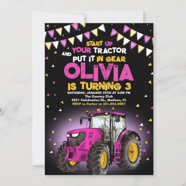 Invitation Pink Girl Tracteur 3e fête d'anniversaire (Devant)