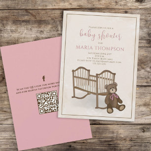Invitation Pink Girl Vintage Teddy Bear QR Code Social Media