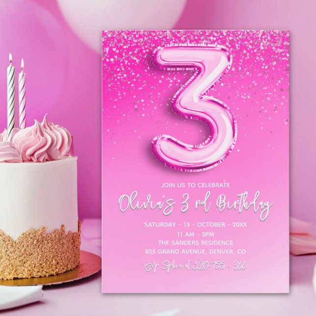 Invitation Pink Glitter Balloon 3rd Birthday for Girls (Créateur téléchargé)