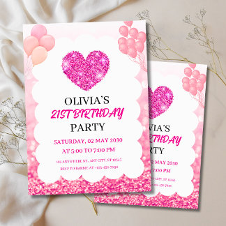 Invitation Pink Glitter & Balloons Birthday Party 