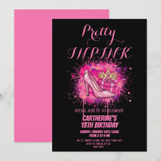 Invitation Pink Glitter Pretty in Pink Birthday Party 