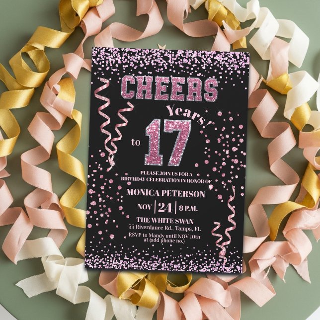 Invitation Pink Glitter Rhinestones 17th Birthday Party  (Créateur téléchargé)