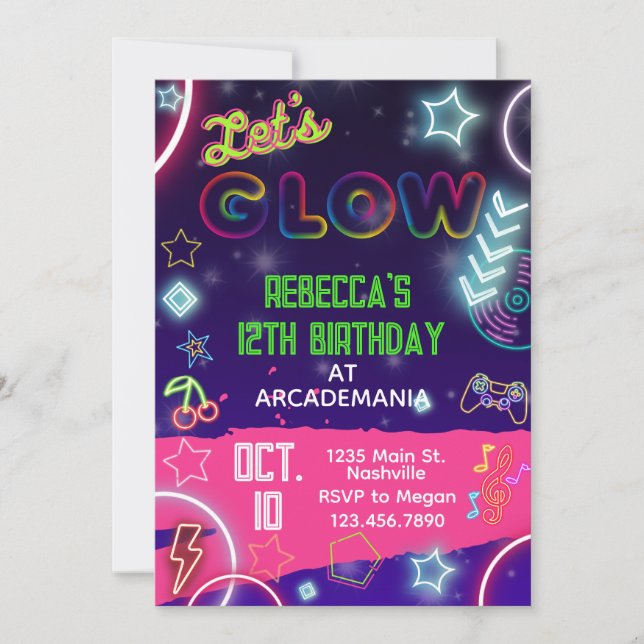 Invitation Pink GLOW Anniversaire Jeux Arcade Party Glow Neon (Devant)