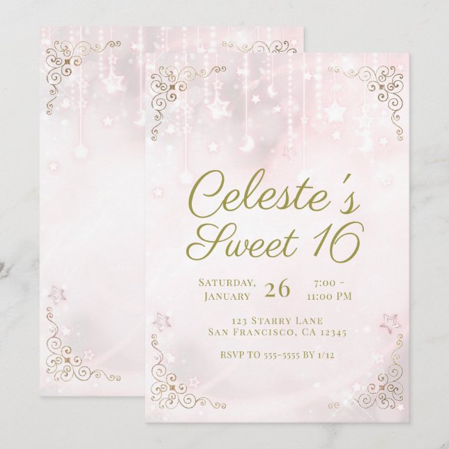 Invitation Pink Glow & Gold Celestial Sparkle Sweet 16 Party (Devant / Derrière)