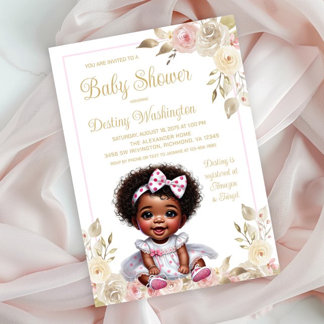 Invitation Pink Gold Africain American Girl Baby shower (Sweet baby girl in pretty dress baby shower invitation. Simply add your event details.)