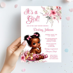 Invitation Pink Gold Afro Puff Ruffle Pant Girl Baby shower