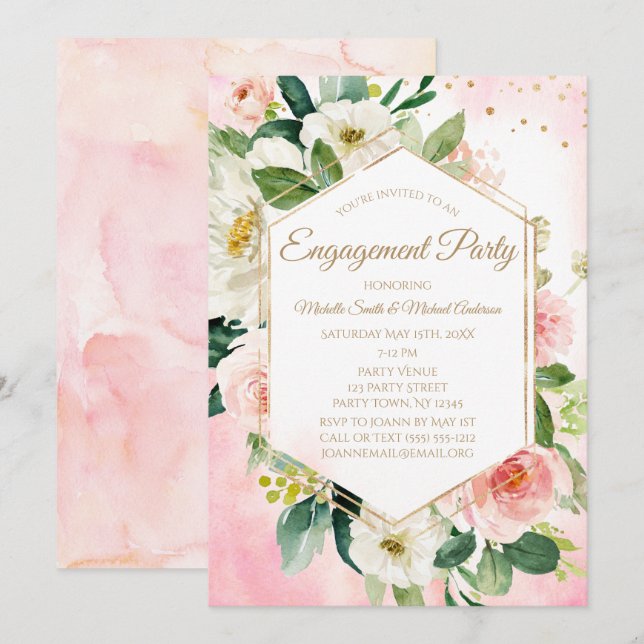 Invitation Pink Gold Aquarelle Florale (Devant / Derrière)