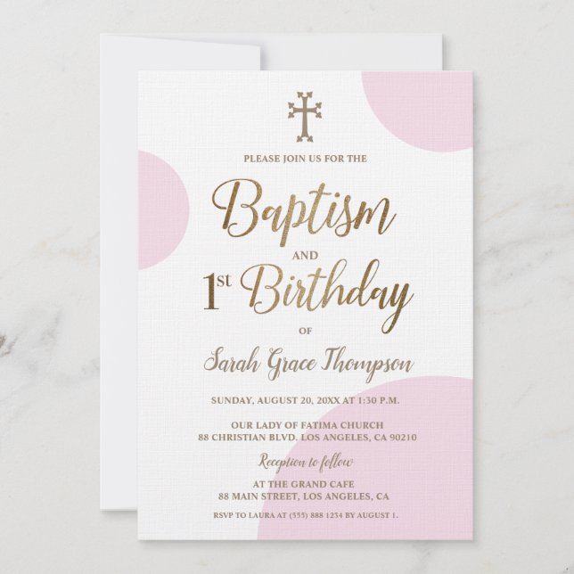 Invitation Pink Gold Arménienne croix fille Baptême 1er anniv (Devant)