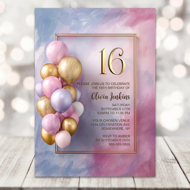 Invitation Pink Gold Balloons 16th Birthday Party (Créateur téléchargé)