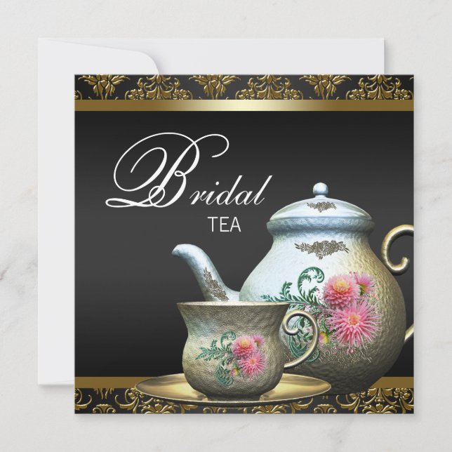 Invitation Pink Gold Black Damask Bridal Tea Douche (Devant)