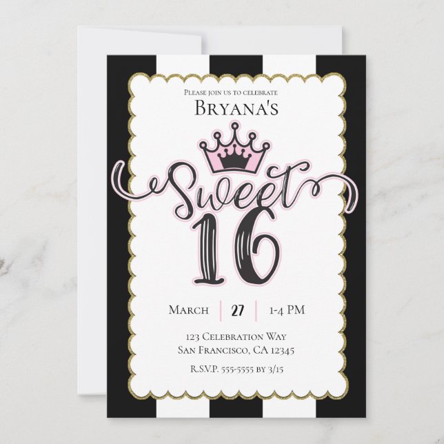 Invitation Pink Gold Black Sweet 16 rayures fête d'anniversai (Devant)