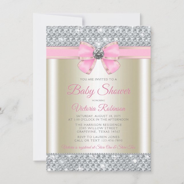 Invitation Pink Gold Bling Glam Baby Girl Douche (Devant)
