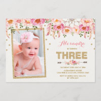 Pink Gold Bohemian Floral 3ème anniversaire Invita