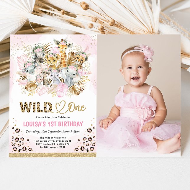 Invitation Pink Gold Boho Safari Wild One Photo Fille Anniver (Créateur téléchargé)