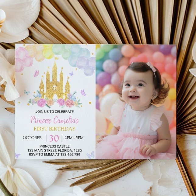 Invitation Pink Gold Castle Princess 1er anniversaire Invitat (Créateur téléchargé)