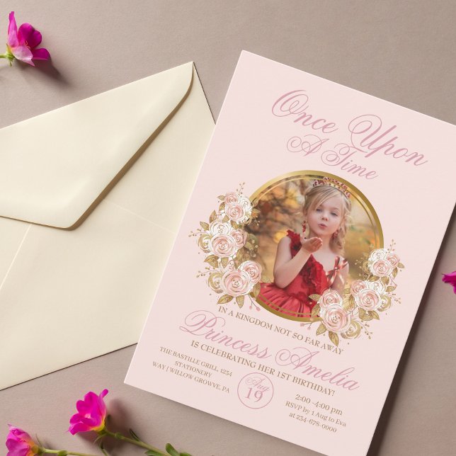 Invitation Pink Gold Castle Princess Photo 1er anniversaire (Créateur téléchargé)