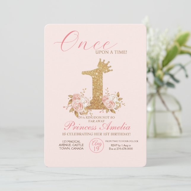Invitation Pink Gold Couronne Princesse Premier anniversaire (Debout devant)