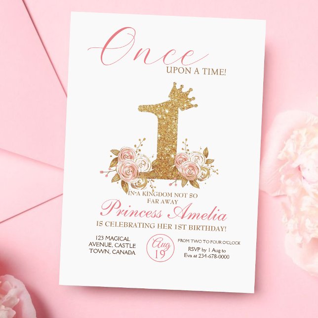Invitation Pink Gold Couronne Princesse Premier anniversaire (Créateur téléchargé)
