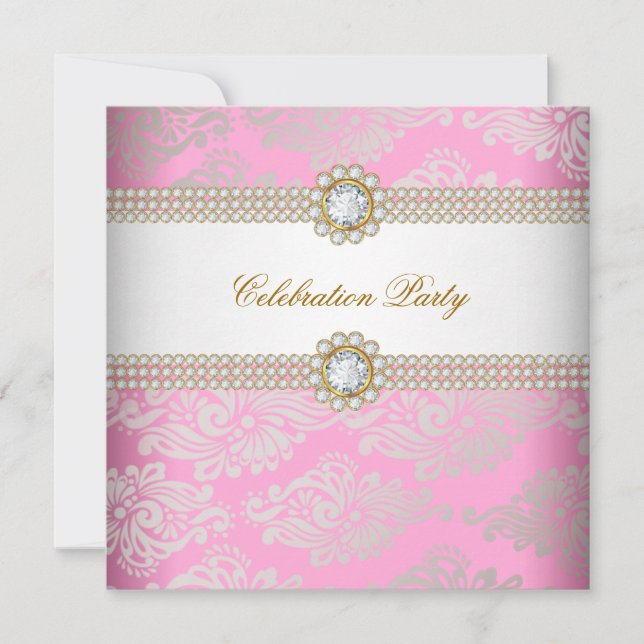 Invitation Pink Gold Cream Diamond Gem Élégant Parti (Devant)
