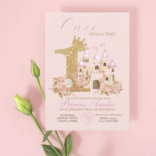 Invitation Pink Gold Crown Castle Princess 1er anniversaire