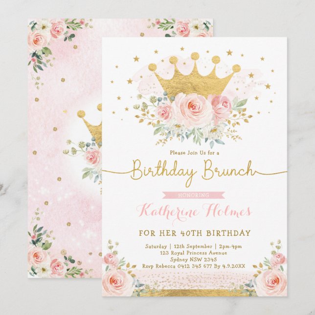 Invitation Pink Gold Crown Princess 40e fête d'anniversaire (Devant / Derrière)