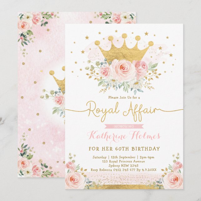 Invitation Pink Gold Crown Princess 60e fête d'anniversaire (Devant / Derrière)