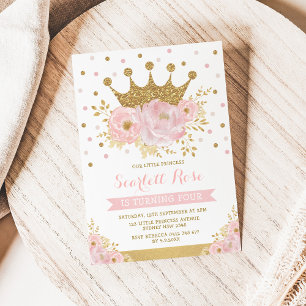 Invitation Pink Gold Crown Princess Girl Floral Anniversaire