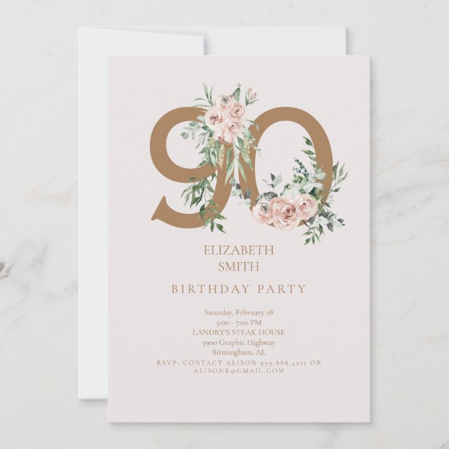 Invitation Pink & Gold Elegant 90e anniversaire de fête Invit (Devant)